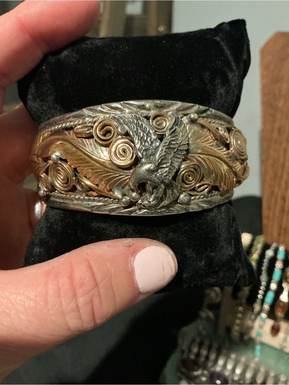 Allen Chee Native Two-Tone Eagle Motif Cuff Bracelet - Gold & Silver